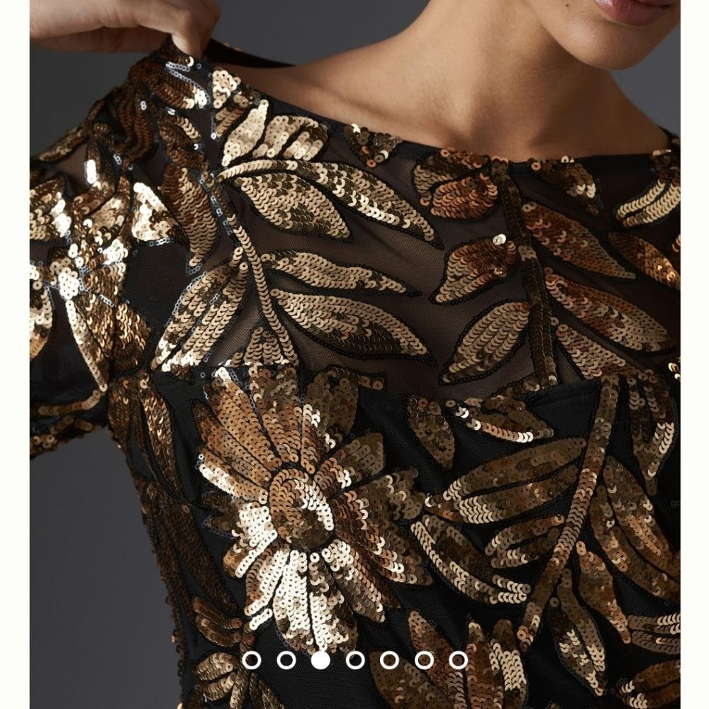 Maeve Anthropologie Short Sleeve Sheer Embellished Mini Dress Black Gold Size SP - Picture 4 of 15